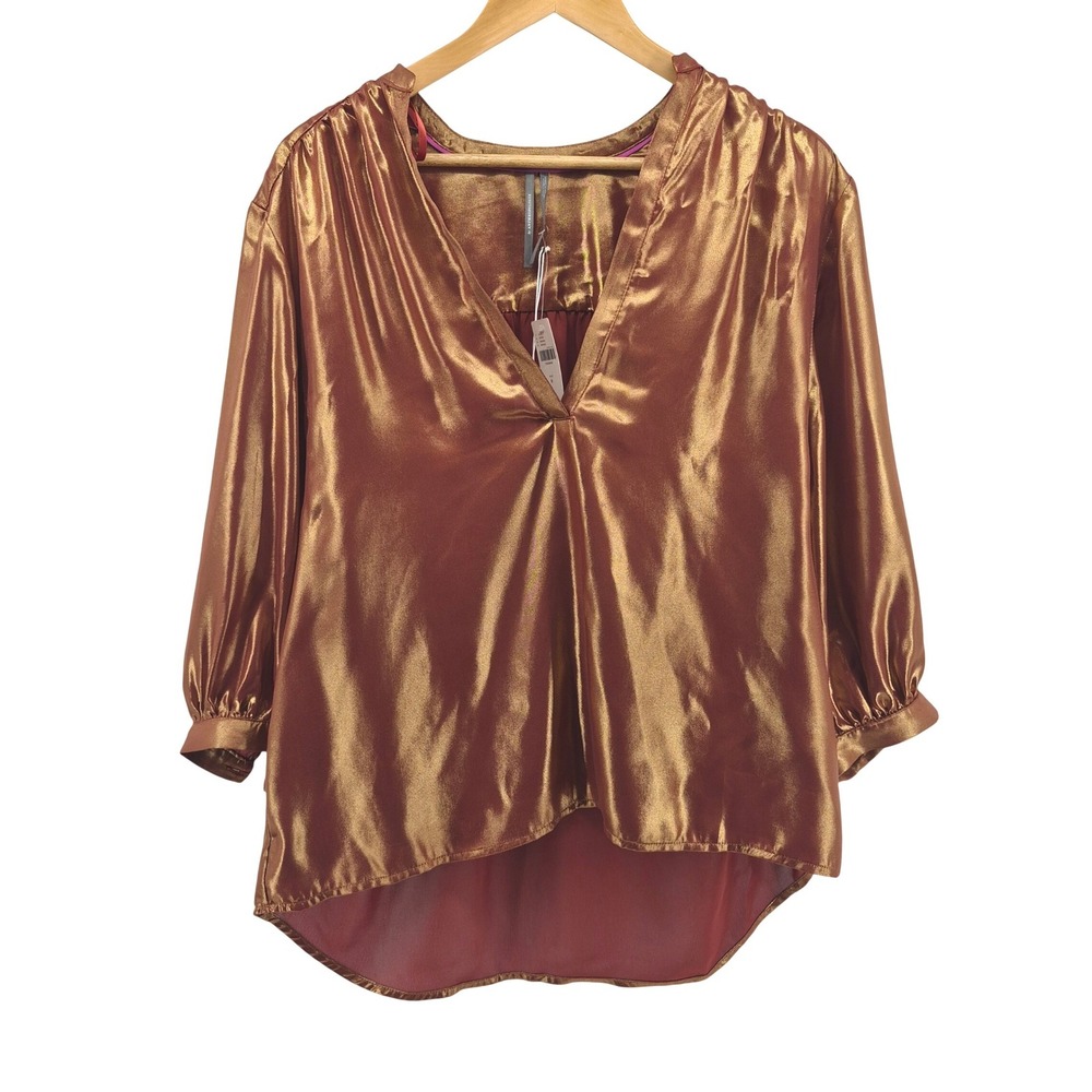 by Anthropologie Metallic Foil Blouse Bronze 3/4 Sleeves Sz M Party‎ Glam New